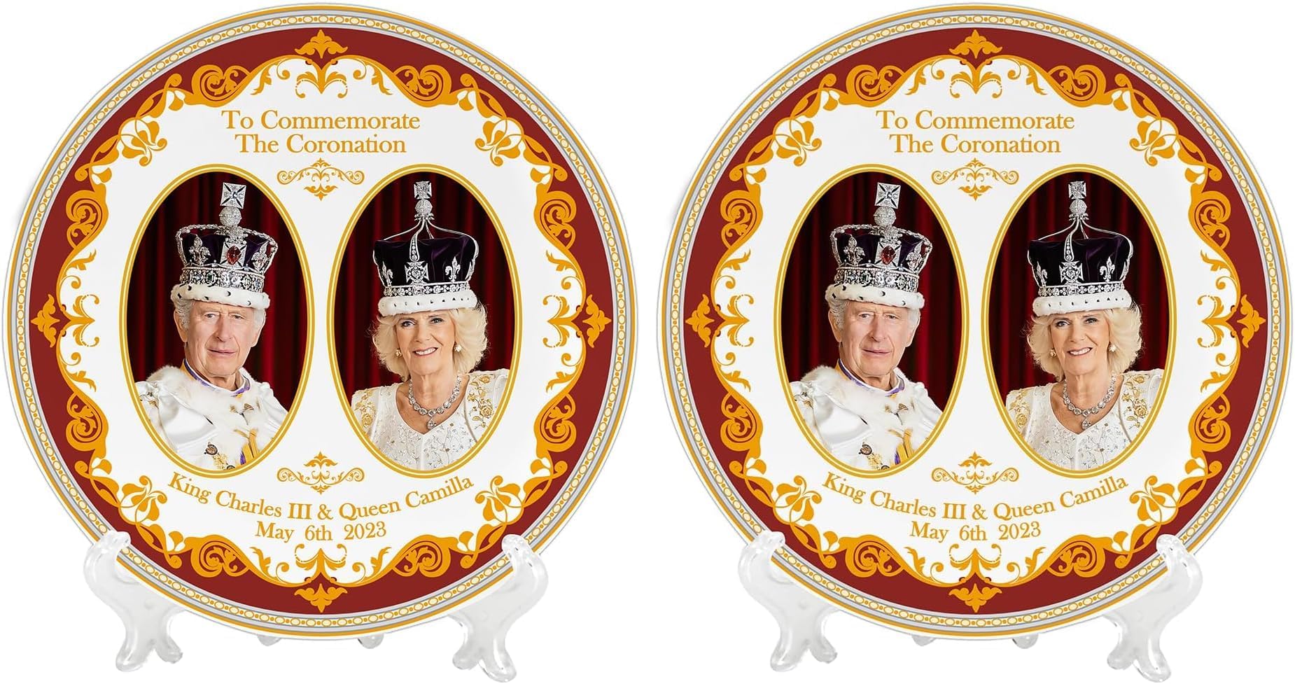 The Leonardo Collection His Majesty King Charles III & Queen Camilla Coronation Commemorative Plate with Stand Gift, Multicolour, one Size (Pack of 2)