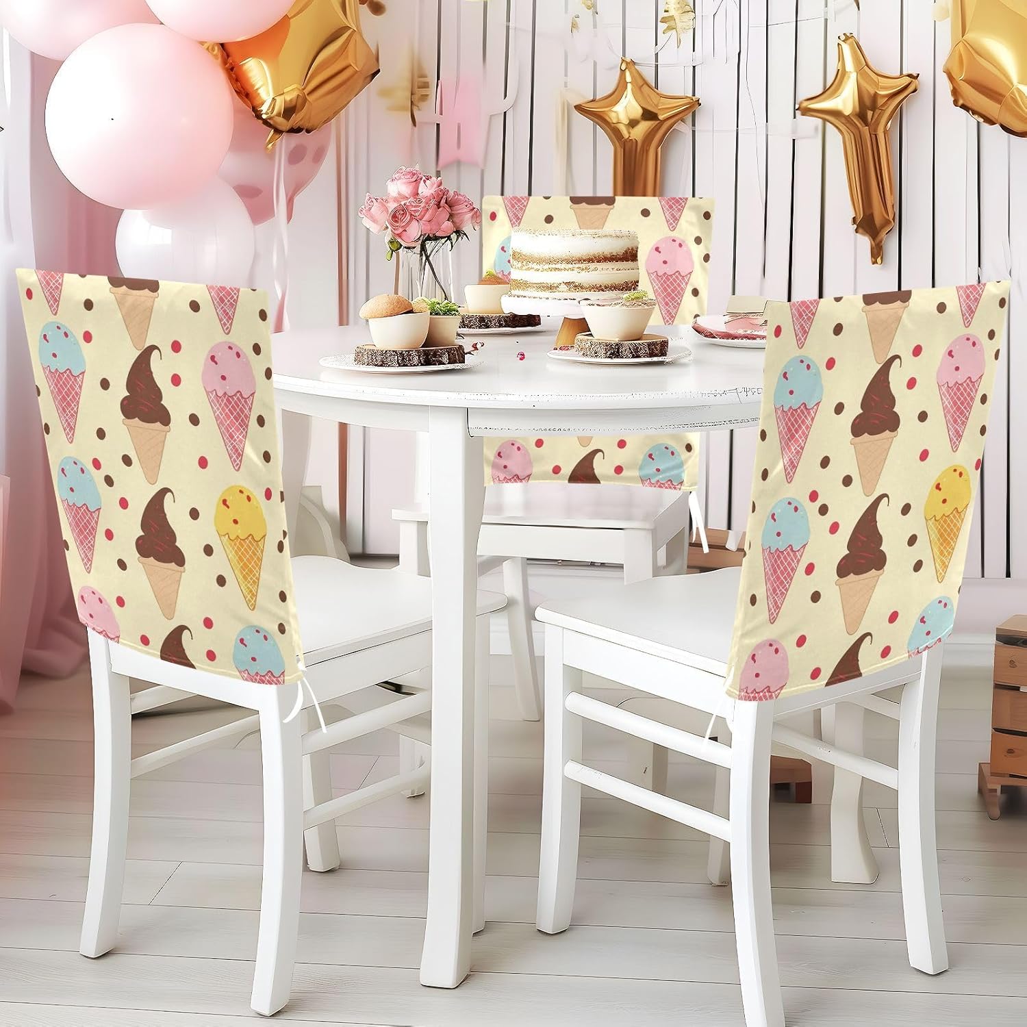 ALAZA Ice Cream Dots Chair Back Cover Set of 6, Washable Reusable Removable Chair Slipcovers Decorative Chair Cover for Home Kitchen Wedding Party