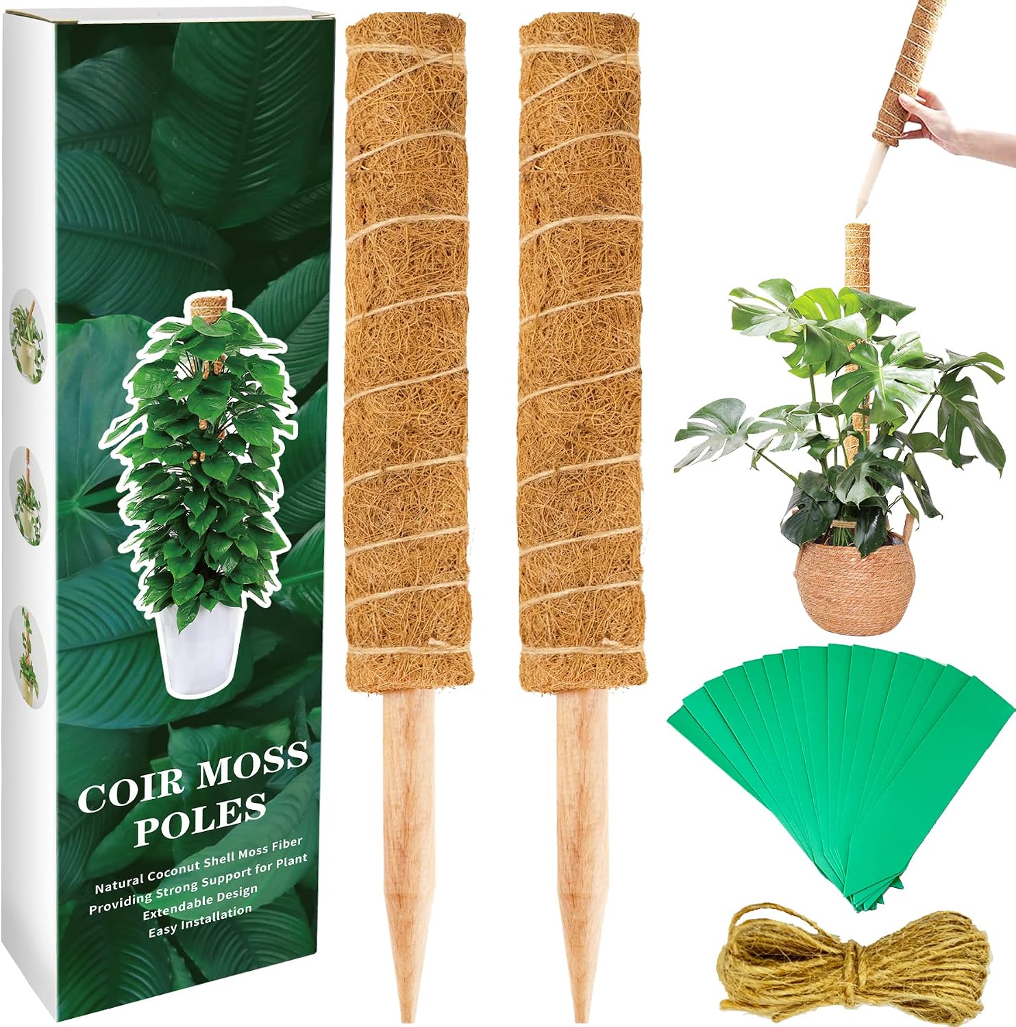 Full Length 21 Inch Moss Pole, 2 Pcs 16 Inches Coir Totem Poles Plant Support for Climbing Indoor Potted Plants, Coco Sticks for Monstera Pothos Creeper Philodendron House Plants Live Grow