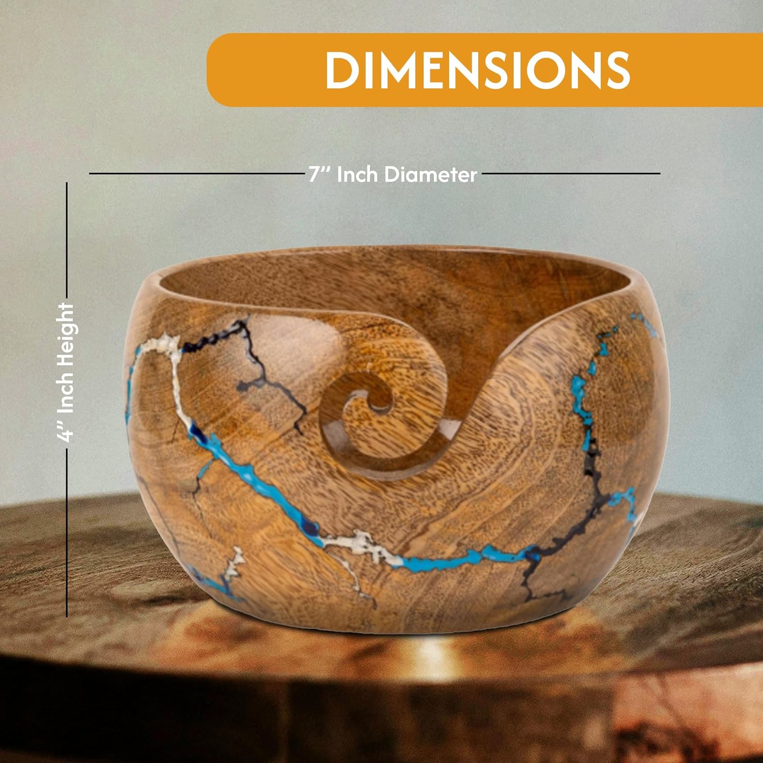 Wooden Yarn Bowl for Crocheting, 7x4 inch Large Crochet Holder Gift Accessories and Knitting Gadgets Supplies Handcrafted with Mango wood Fractal Burning & Blue,White,Black Resin Inlay (M-Multi)