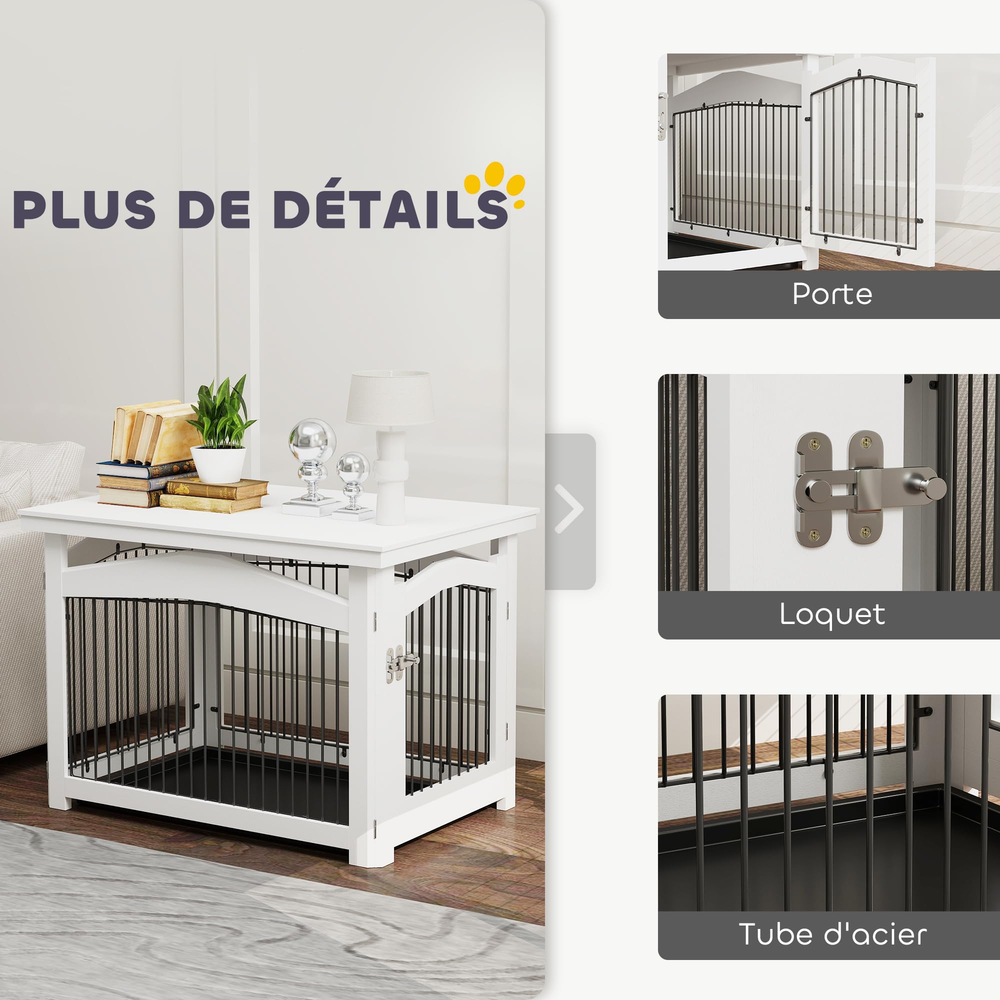 PawHut Cage pour Chien 3 en 1, Table d'appoint, Meuble Cage Chien intérieur, avec Plateau Amovible, pour Animal de Taille Moyenne, 82,5 x 57,5 ​​x 59,5 cm, Blanc