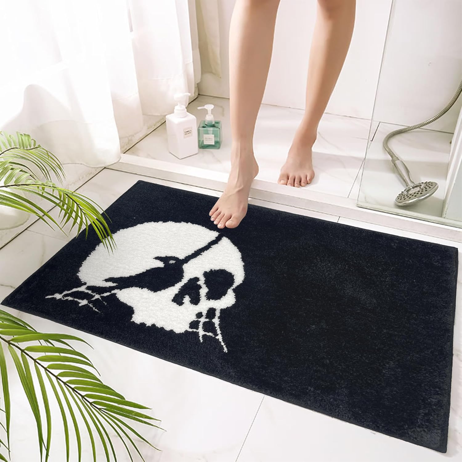 Halloween Bathroom Rugs Black White Bath Mats Skull Nightmare Before Christmas Home Decor Bath Rugs for Bathroom, Bedroom Washable Absorbent Carpet 20"x 32"