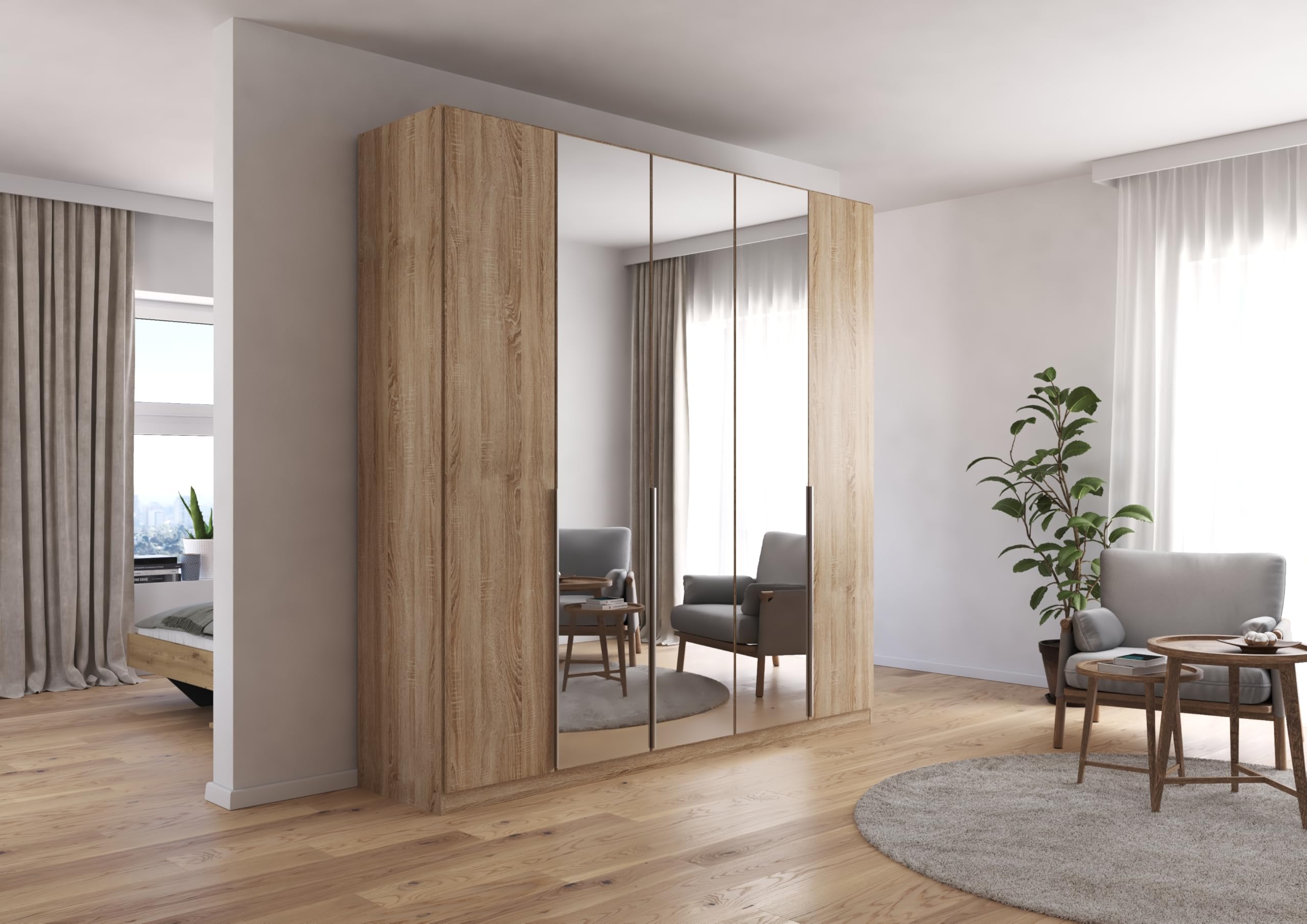 Rauch Möbel Alabama Armoire à Porte Tournante en Chêne Sonoma avec Miroir 5 Portes avec Kit d'Accessoires Classic 3 Tringles à Linge, 9 Étagères Lxhxp 226X229X54 Cm