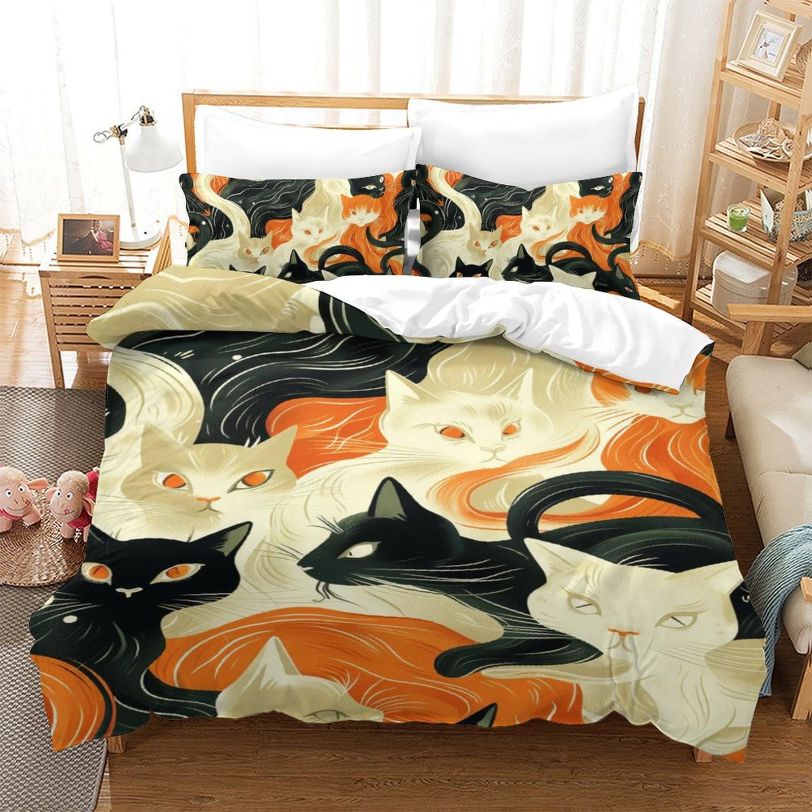 Housse de couette chat imprimé 3D en microfibre douce avec zippe invisible 140x200