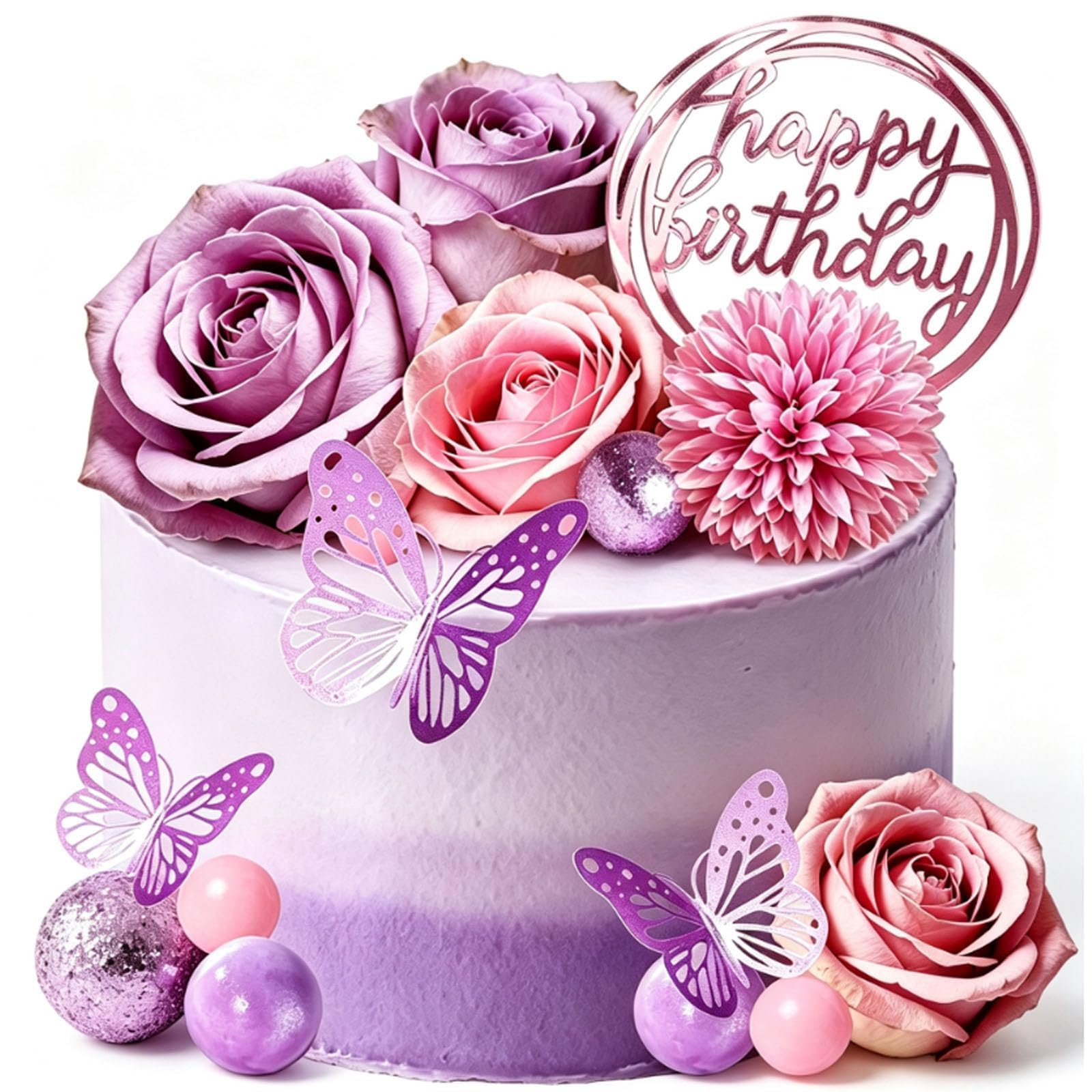 27Pcs Purple Flower Cake Topper Set, Flowers for Cake Decoration for Wedding, Baby Shower & Party ﻿
