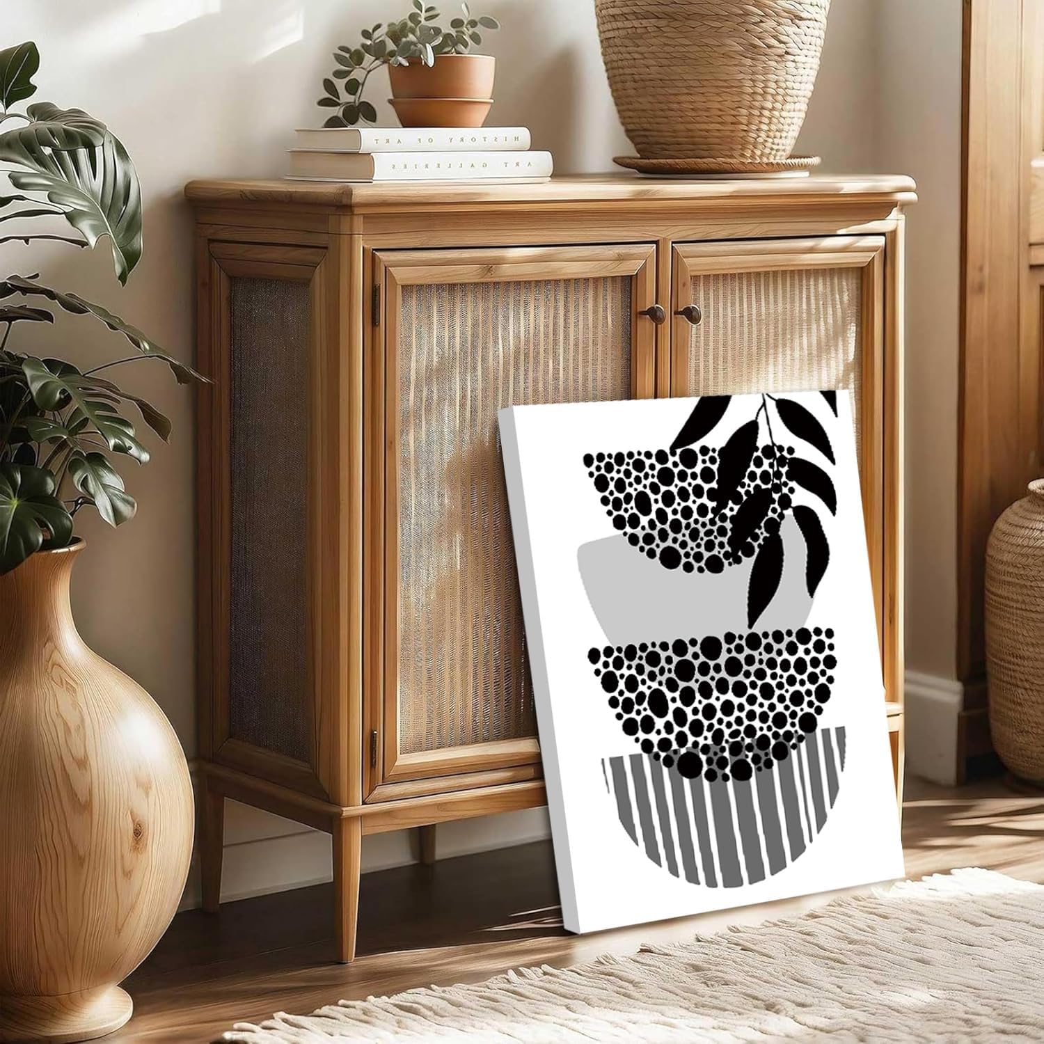 Boho Wall Art Mid Century Modern Decor Canvas Prints Set of 3 Framed Black And White Grey Canvas Prints Minimalist Wall Art Geometric Line Leaf Canvas Artwork Paintings for Home Decor(12"x16")