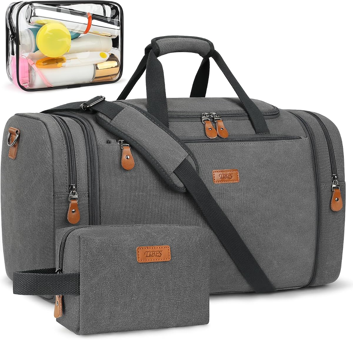 Bolsa de lona para hombre para viajes – Bolsas de fin de semana expandibles de 50 litros con bolsa de aseo, bolsa de viaje para la noche, equipaje de mano con correa de hombro extraíble, duradera y resistente al agua
