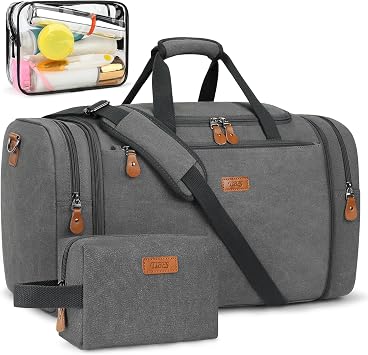 Canvas Mens Duffle Bag for Travel - Expandable 50L Weekender Bags with Toiletry Bag, Overnight Bag Travel Duffel Carry On Luggage with Removable Shoulder Strap, Durable & Water-Resistant