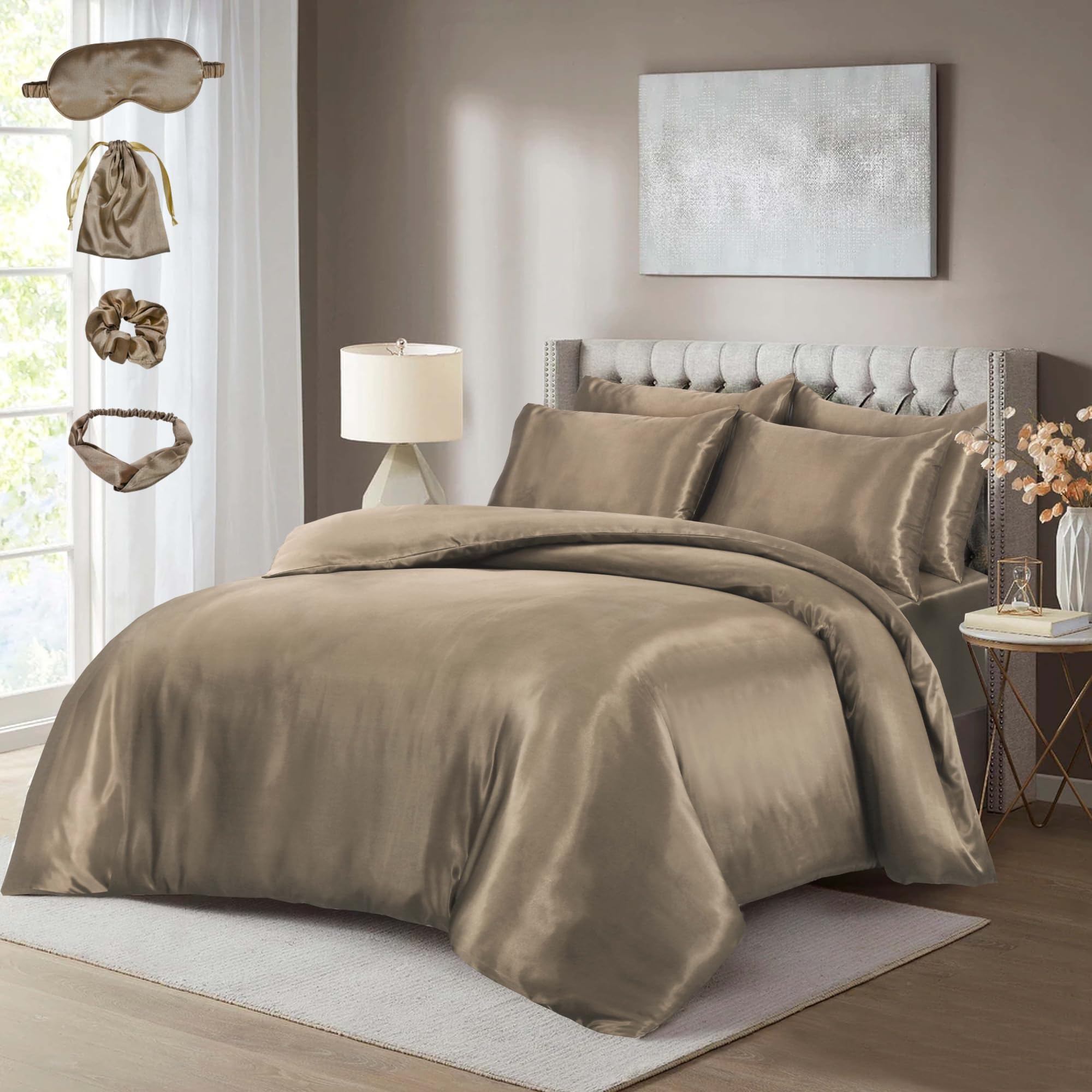 BOSKI LONDON Luxury 10 Piece Satin Silk Complete Bedding Set | Duvet Cover, Fitted Sheet, Pillowcases & Accessories | Silky Satin Bedding Set Single Double King Super King (MINK, DOUBLE)