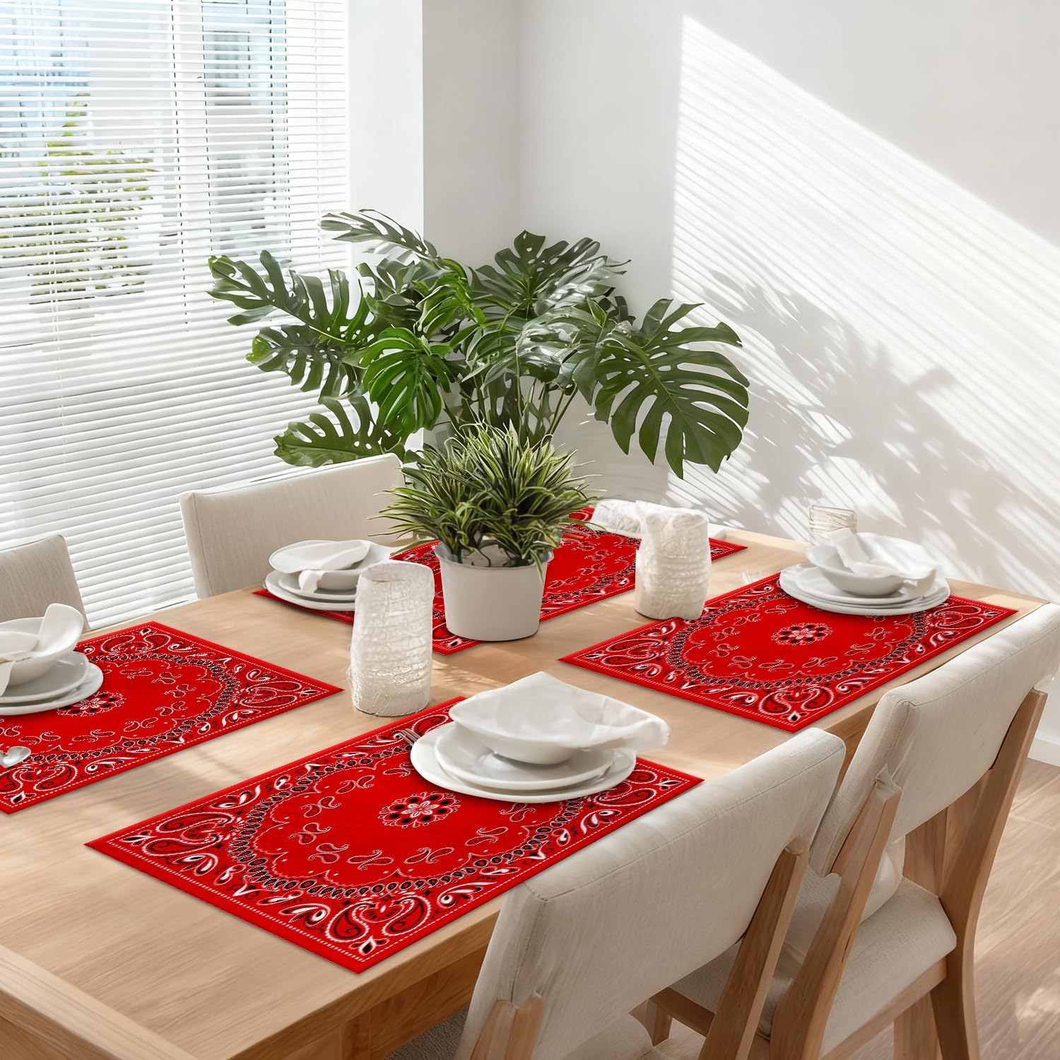 Red Paisley Bandana Placemats,Bandana with Red Paisley in The Middle Place Mats for Dining/Kitchen Table Waterproof Washable Linen Heat Insulation Dinner Table Mats 12x18 in 4 PCS