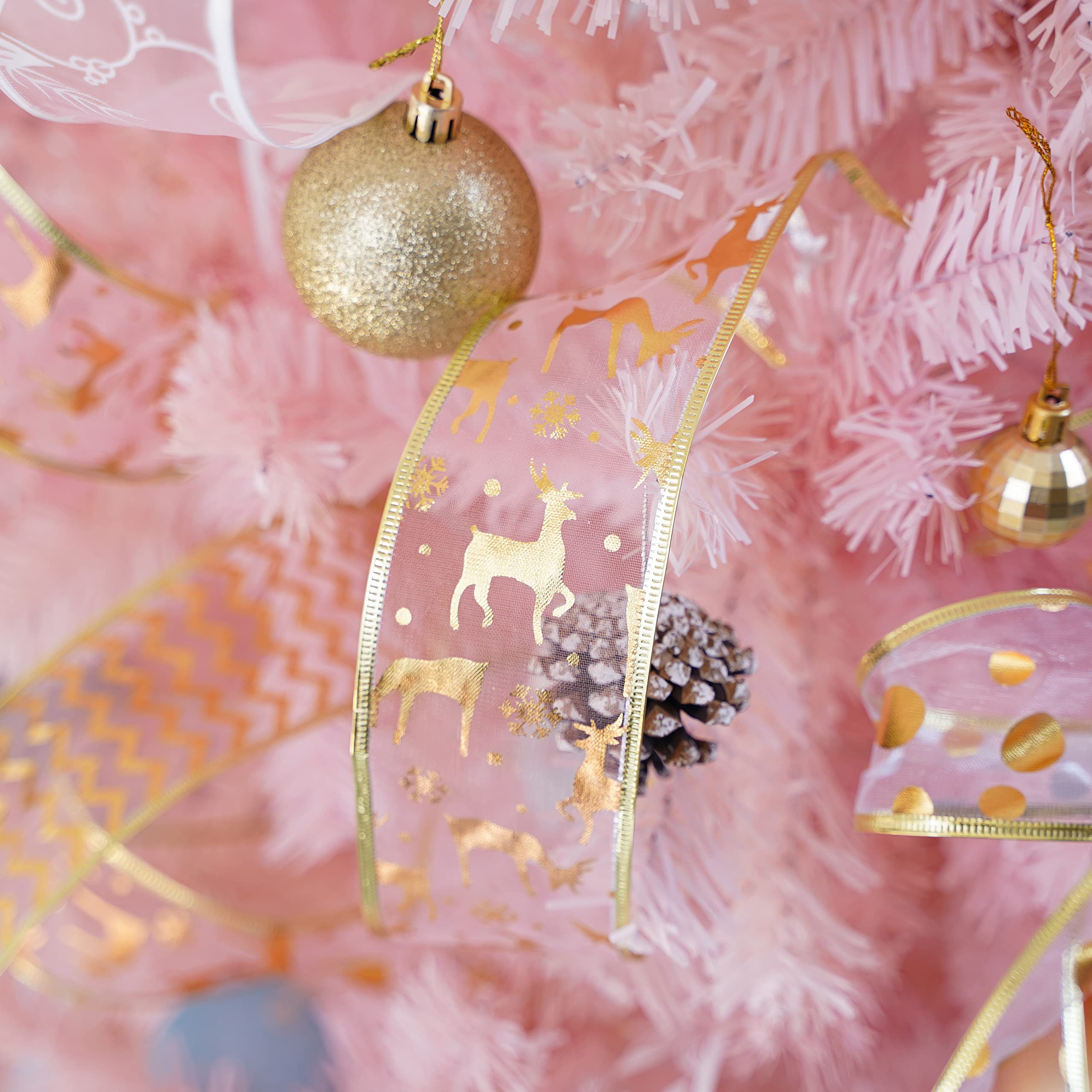 MEEDEE Weihnachtsband, 6.3 cm, 6 Rollen, 36 Yards, rosafarbenes Gold, Weihnachtsbaumschmuck, Drahtband, Sortiment perfekt für Geschenkverpackungen, Schleife, Girlande, Kranz, Treppenhaus, Dekoration