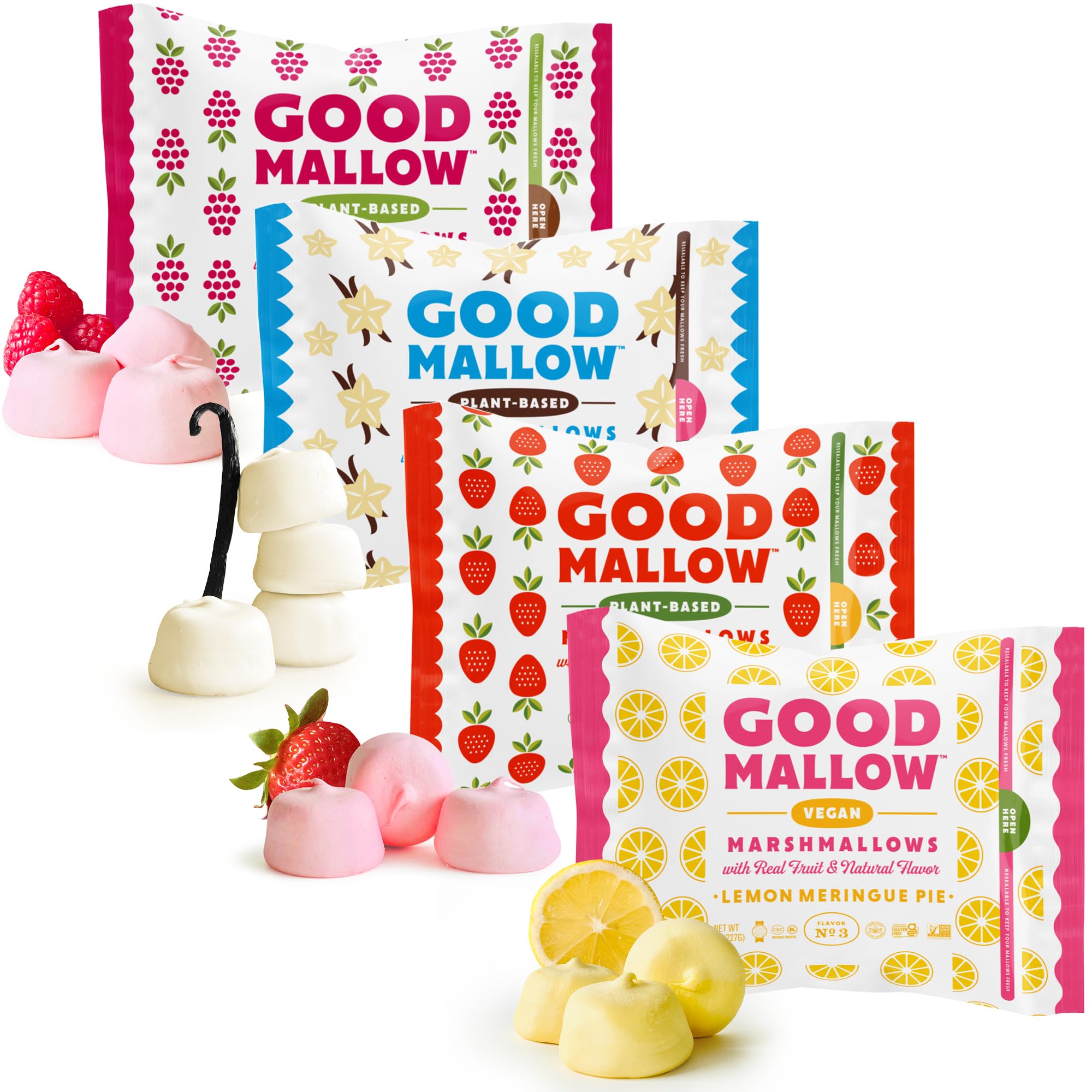 GoodMallow Vegan Marshmallows - Large Kosher Gluten Free Dairy Free Healthy Marshmallows - Natural Gelatin Free for Hot Chocolate, Smores, Baking - Nothing Artificial - Combo Pack of all Flavors