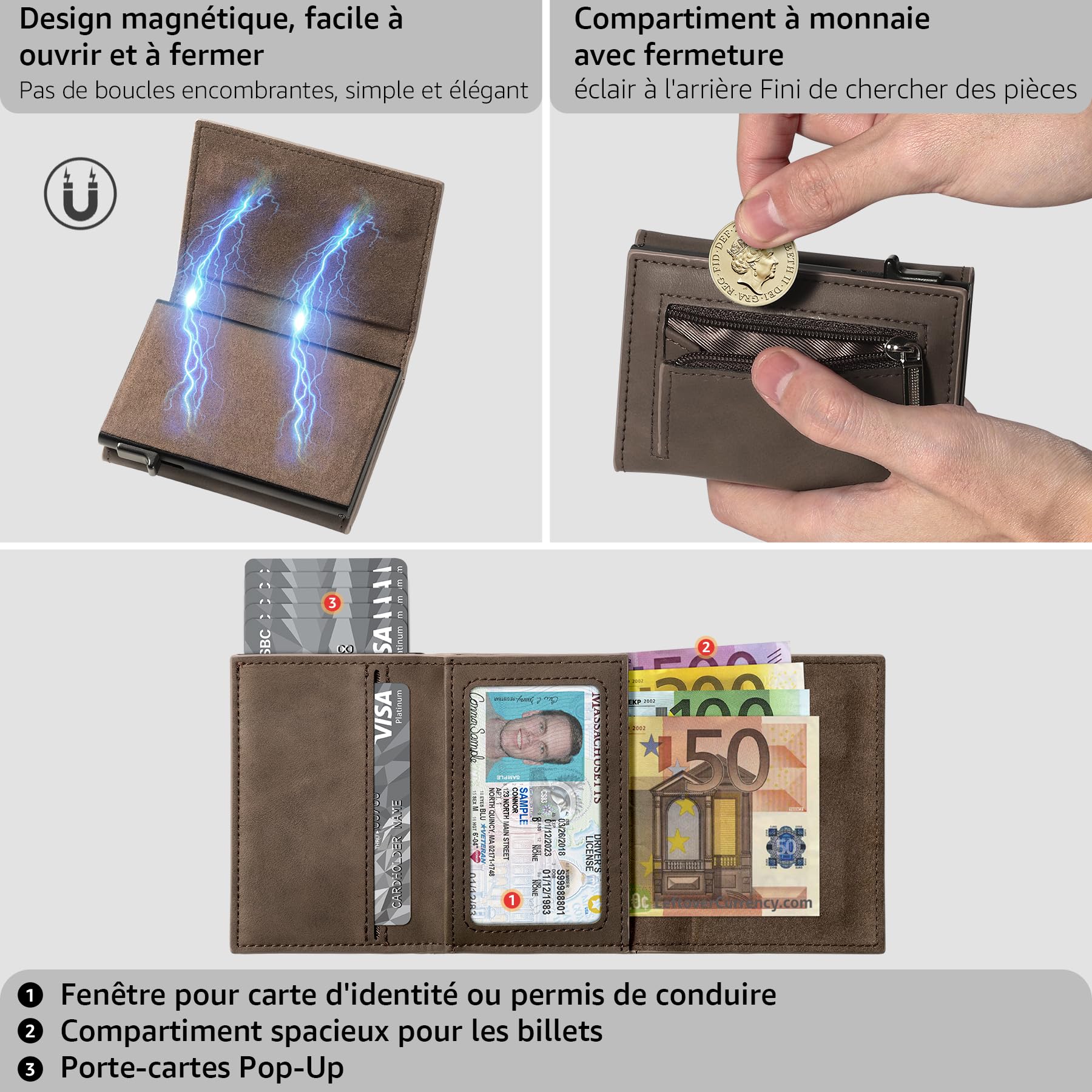 Portefeuille Homme Blocage RFID Cuir Porte Carte 9 Cartes Marron