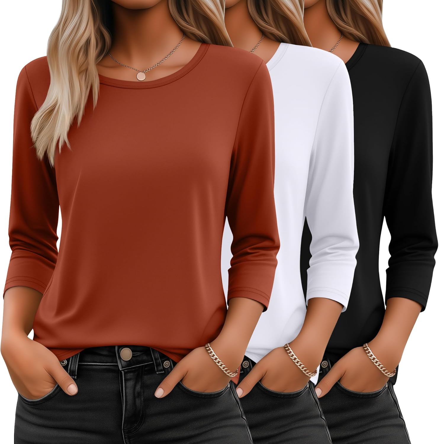 Ficerd 3 Pack 3/4 Sleeve Tops for Women Round Neck Dressy Basics Tees Casual Trendy Loose Fit T Shirts