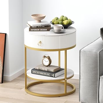 SUNBURY 19.7" Round Side Table with Drawer, Faux Marble, White & Gold