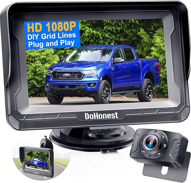 Reversing Camera HD 1080P Rear View Monitor Kit Night Vision Waterproof License Plate Reverse Cam for Car Caravan Truck Van DIY Gridlines DoHonest S01