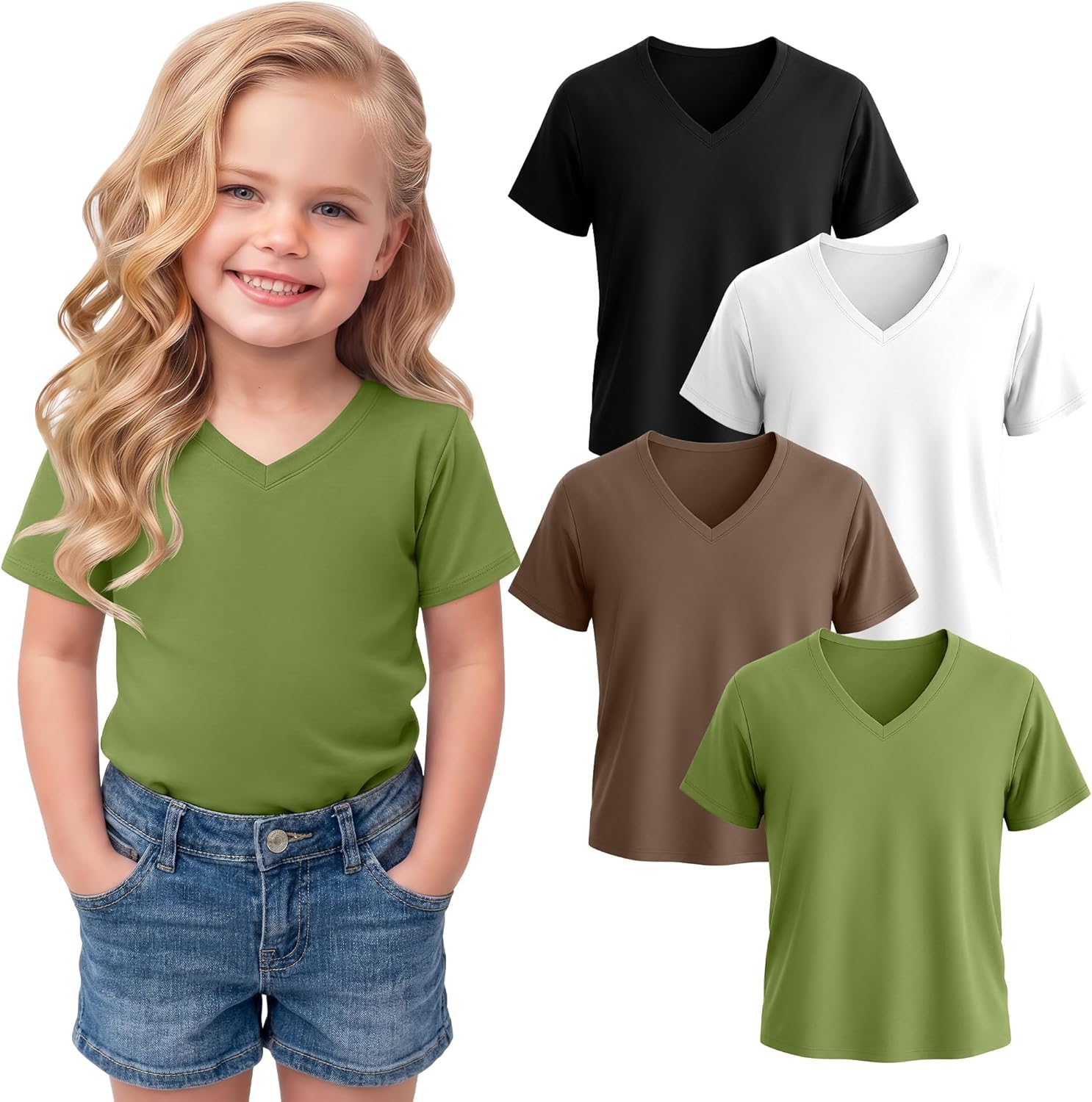 Oakgarden 4 Pack Toddler Girls V-Neck T Shirts Short Sleeve Loose Fit Tops Kids Summer Casual Solid Basic Tees for 18M-5T