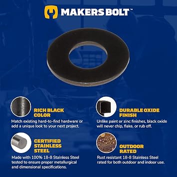 18-8 Stainless Steel 1/2 Flat Washers (25 pcs) Black Oxidized in USA by Makers Bolt