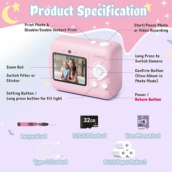 Kinderkamera Sofortbildkamera, 1080P Sofortbildkamera Kinder für 4 5 6 7 8 9 10 Jahre alte Mädchen Jungen, tragbares Spielzeug mit 1 Pack 32 GB SD-Karte und 1 Pack 3 Rollen Druckpapier, Rosa - 5