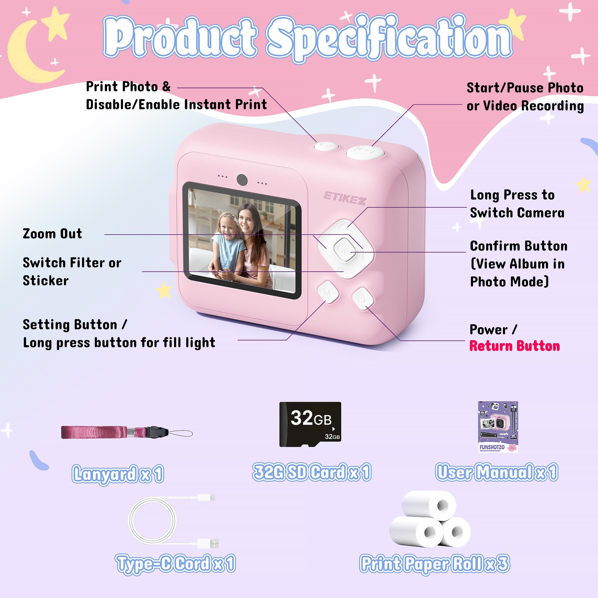 Kinderkamera Sofortbildkamera, 1080P Sofortbildkamera Kinder für 4 5 6 7 8 9 10 Jahre alte Mädchen Jungen, tragbares Spielzeug mit 1 Pack 32 GB SD-Karte und 1 Pack 3 Rollen Druckpapier, Rosa - 5