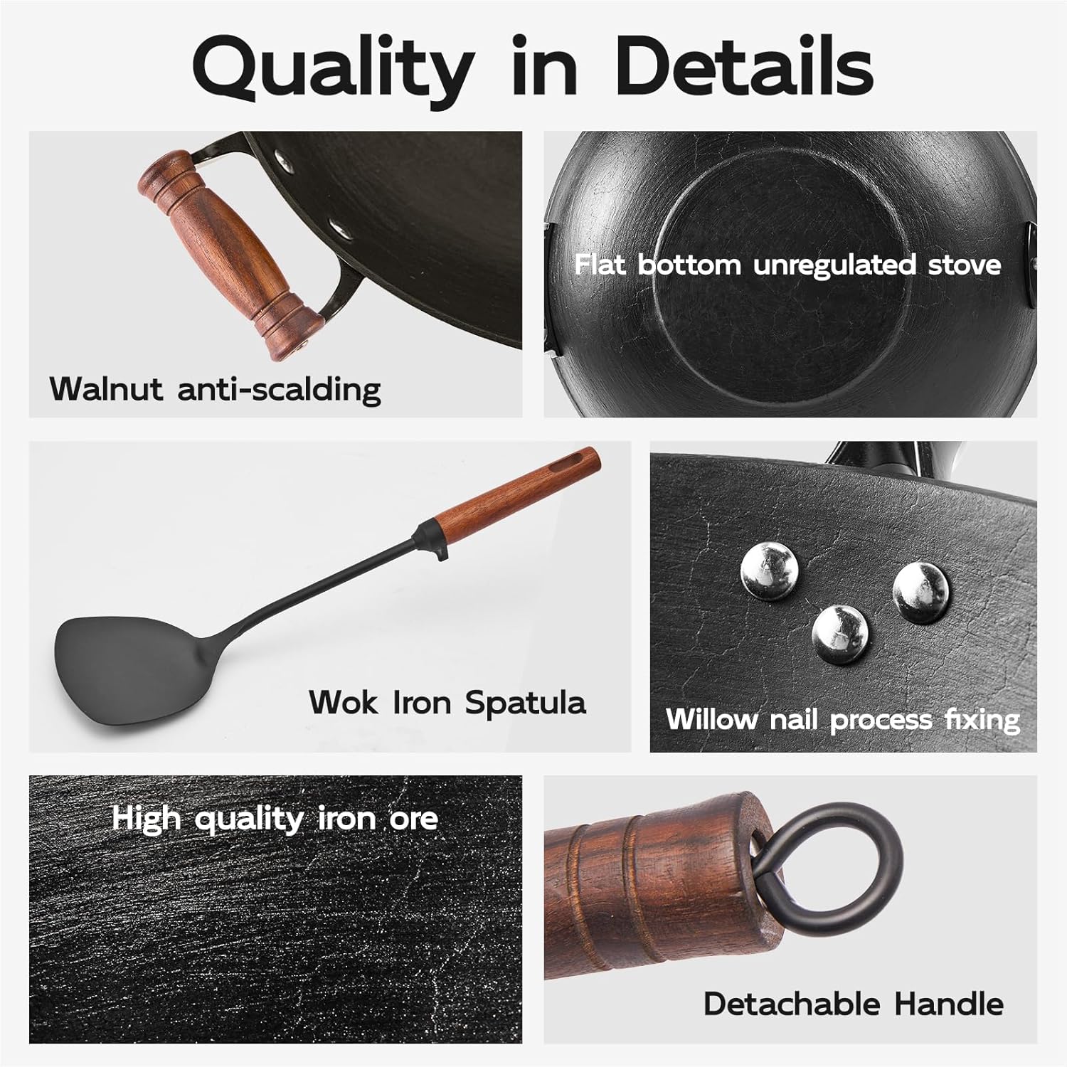 WANGYUANJI Cast Iron Wok Pan with Lid, 13.4 Inch Flat Bottom Uncoated Stir Fry Skillet, Traditional Chinese Iron Pot for 3-5 People, Detachable Walnut Handle, Compatible with Induction & Gas Stoves - Image 5