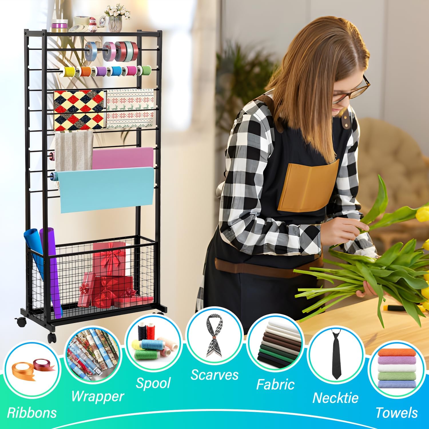 Ribbon Holder Organizer Rack, 16 Tier Ribbon Storage Organizer, Movable Metal Vinyl roll Storage with Storage Basket, Gift Wrapping Organizer Storage for Craft Room Flower Shop