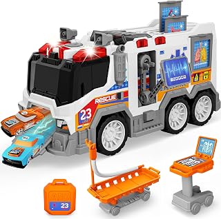 Play Ambulance Toy Vehicle Toddler Truck Toys with Effect Sound, Includes CT Equipment, Stretcher Trolley, 2pcs Ejecting Race Cars, Birthday Gifts for 3 4 5 6 7 8 Years Old Boys Girls