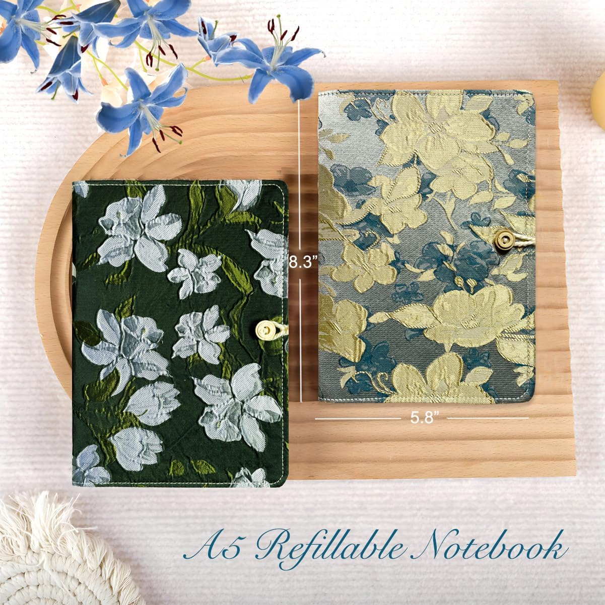 ipoul A5 Binder, 6 Ring Binder, Refillable Notebook, Embroidery Journal, Budget Binder, Lined Notebook, Ruled Paper, Gift for Women, Planner Binder, Black Fabric, Magnolia Flower, Gift for Grandma