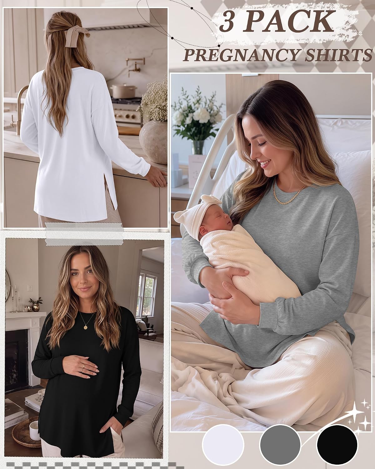 Huukeay 3 Pack Maternity Long Sleeve Shirts Pregnancy Clothes