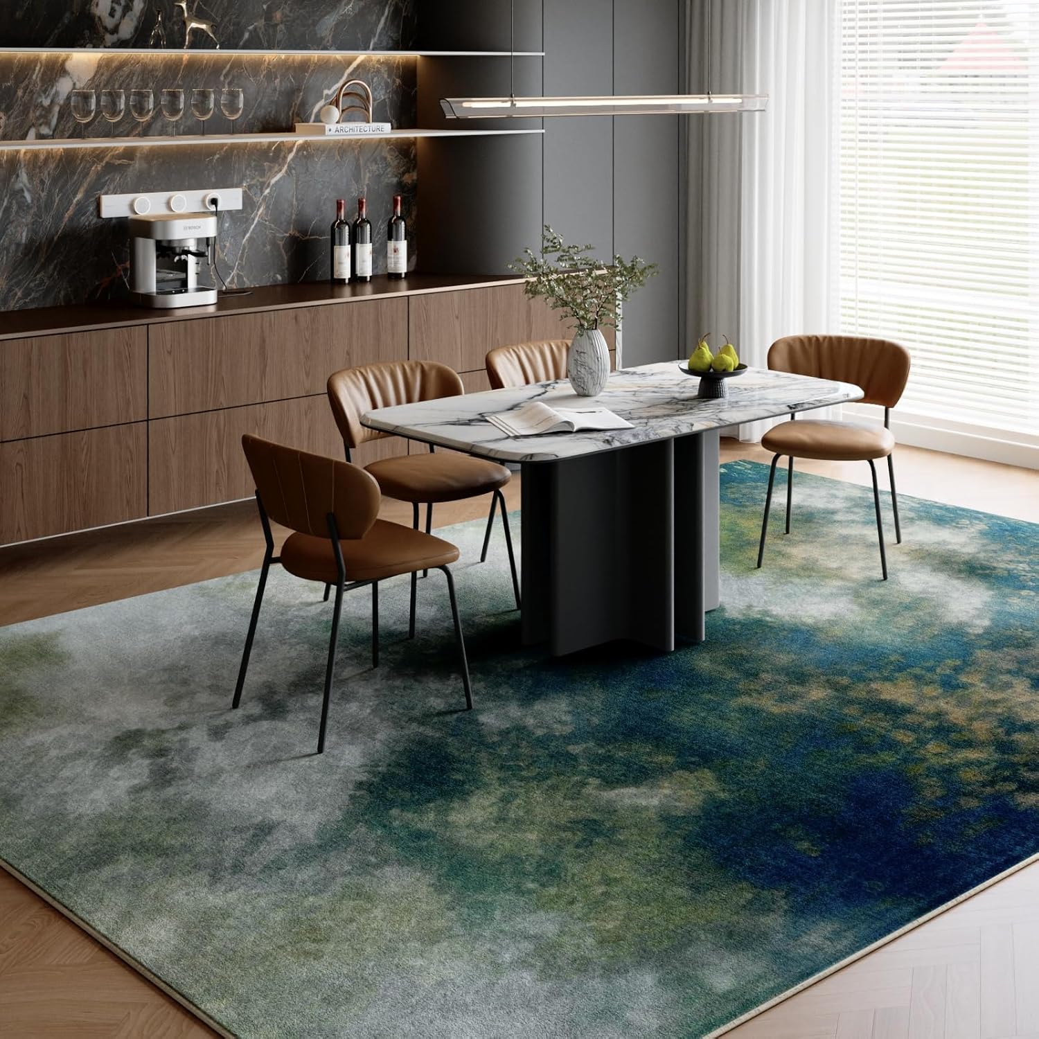 ST. BRIDGE Washable 6x9 Blue Area Rug for Living Room Bedroom, Soft Low Pile Non-Slip Stain Resistant Carpet, Modern Abstract Vintage Indoor Large Rug for Dining Room Kids Playroom Home Office