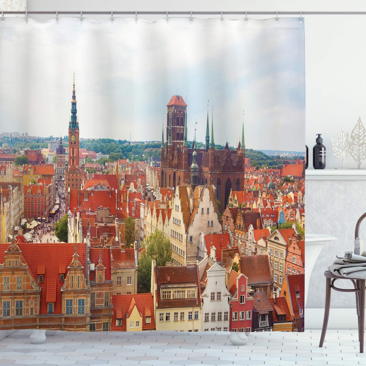 Ambesonne European Shower Curtain, Cityscape of Nostalgic Town Antique Polish City with Castle Tower Europe Culture, Cloth Fabric Bathroom Decor Set with Hooks, 69" W x 70" L, Redwood