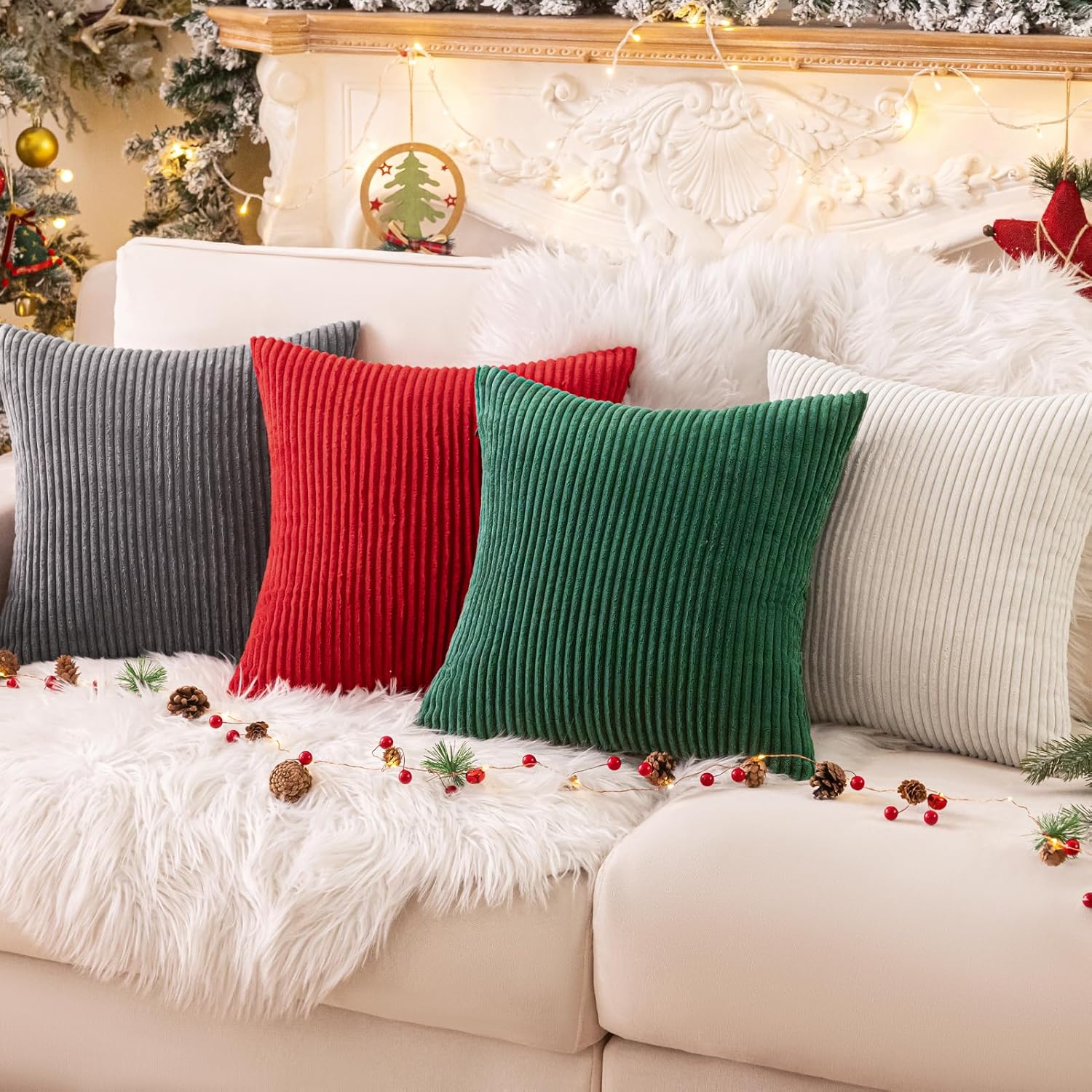 Softalker Christmas Pillow Covers 18x18 Set of 2, Super Soft Boho Striped Corduroy Pillow Cover, Xmas Decorative Throw Pillows for Sofa Couch Cushion Living Room Christmas Holiday Decor, Red - Image 7