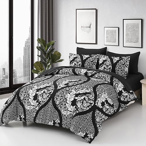 Miniatura 5 de Anibedding Juego de edredón negro tamaño Queen de 7 piezas, juego de edredón de damasco bohemio de microfibra suave y ligera para todas las