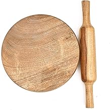 Wooden Chakla Belan Set, Natural Wood Roti Maker, 10 Inch Round Board with 12 Inch Rolling Pin, for Home and Kitchen (Wooden)