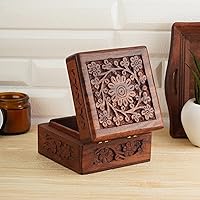 Ajuny Handcrafted Wooden Indian Carved Jewelry Box 4x4 Inch - Trinket Keepsake Storage for Earrings Rings Watches Perfect Gift