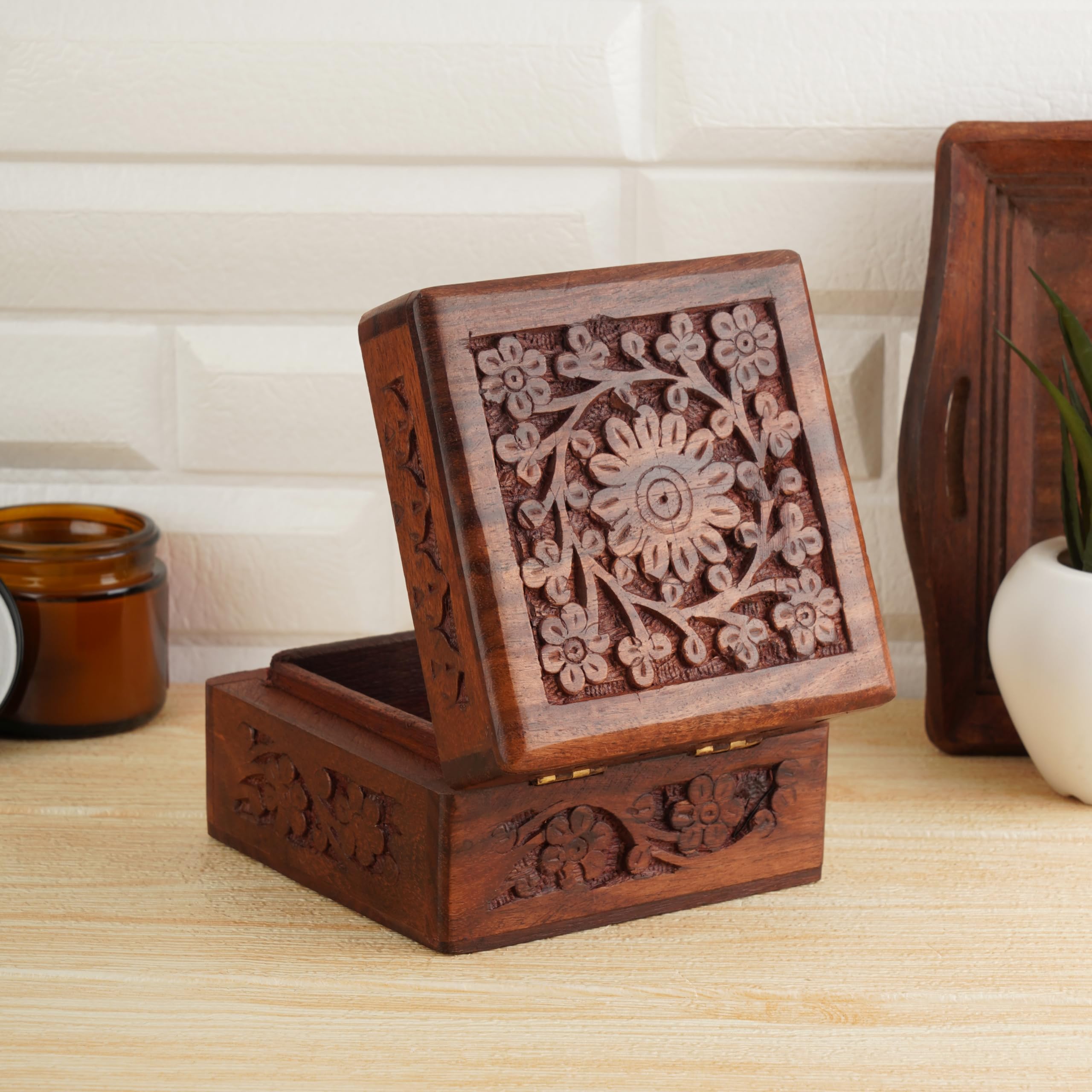 Ajuny Wooden Hand Carved Decorative Keepsake Box Jewelry Armoire 4x4 Inch