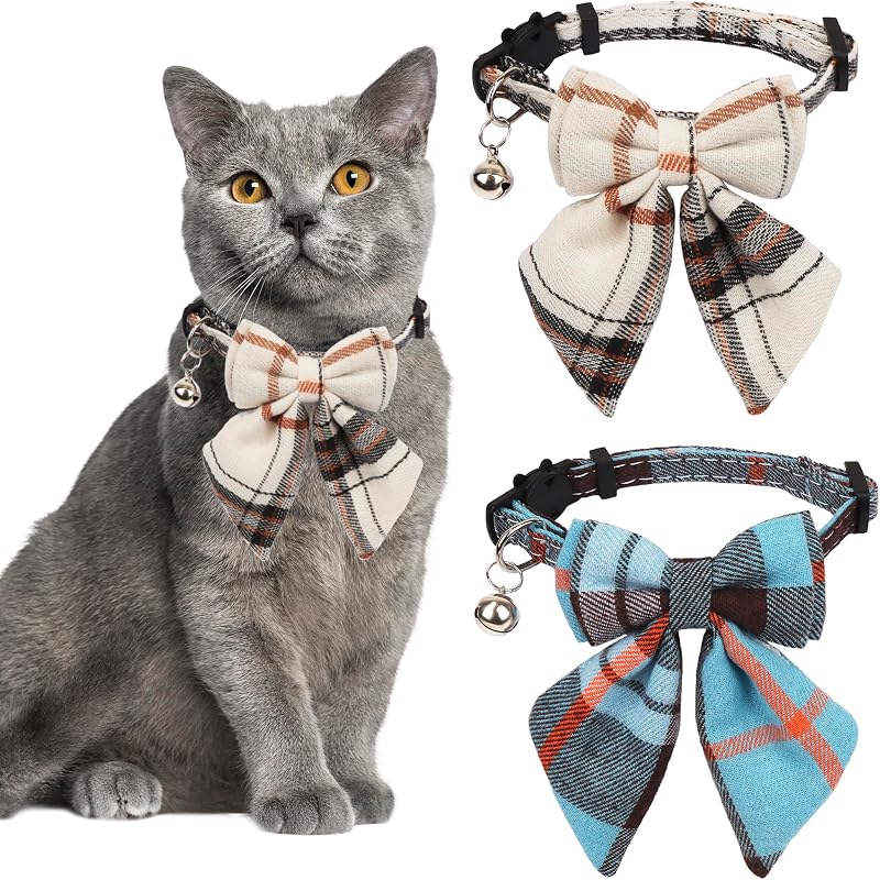 Coleira para Gatos com Fecho Breakaway, Sino e Laço Xadrez ADOGGYGO – Pacote com 2