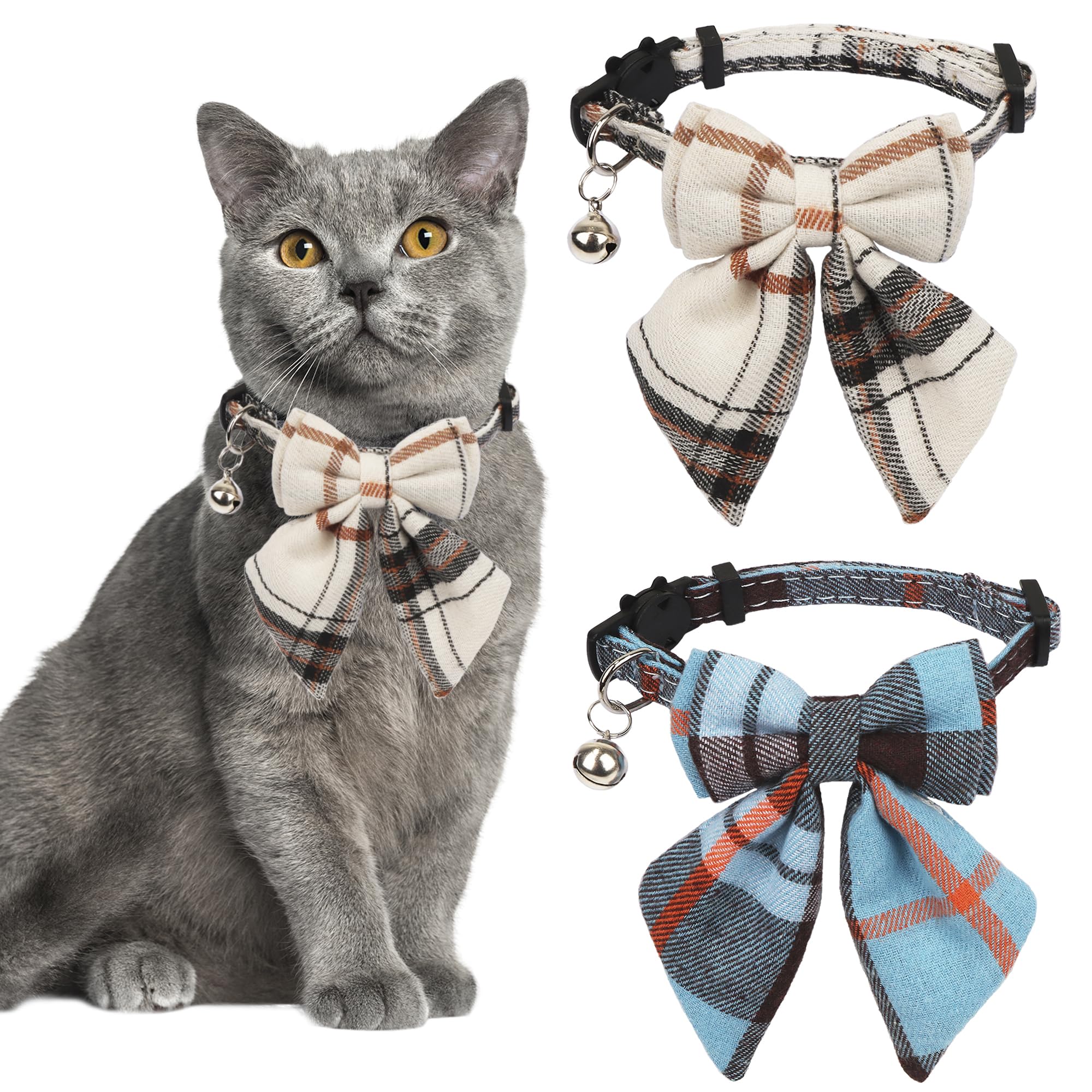 ADOGGYGOPlaid Cat Collars Breakaway with Bow Tie Bell, 2 Pack Beige Blue Plaid Kitten Collar with Removable Bowtie, Plaid Cat Bow Collar for Cats Kittens (Beige&Blue-2)