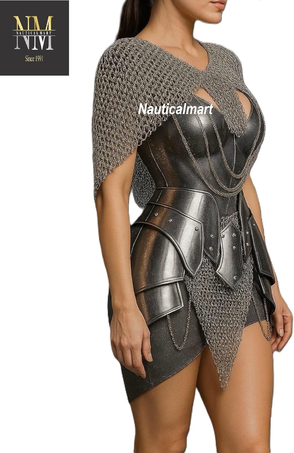 NauticalMart Medieval Knight Fantasy Elven Lady Half Body Armor - Chainmail Top, Chainmail Skirt, Women's Armor Corset Steel Tassets Halloween Costume Gift for Women