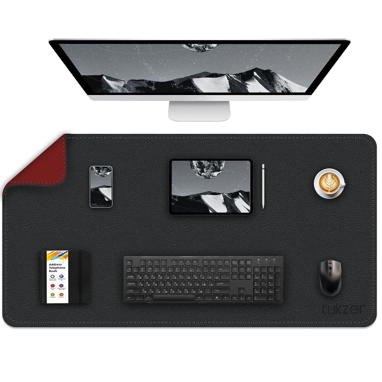 Tukzer Extended Vegan PU Leather Mouse Pad Desk mat Smooth Reversible Dual Color Splash Proof Anti Fray Stitched Edges Non-Slip Mousepad for Laptop Notebook Gaming Computer(Black & Red 90CM X 45CM)