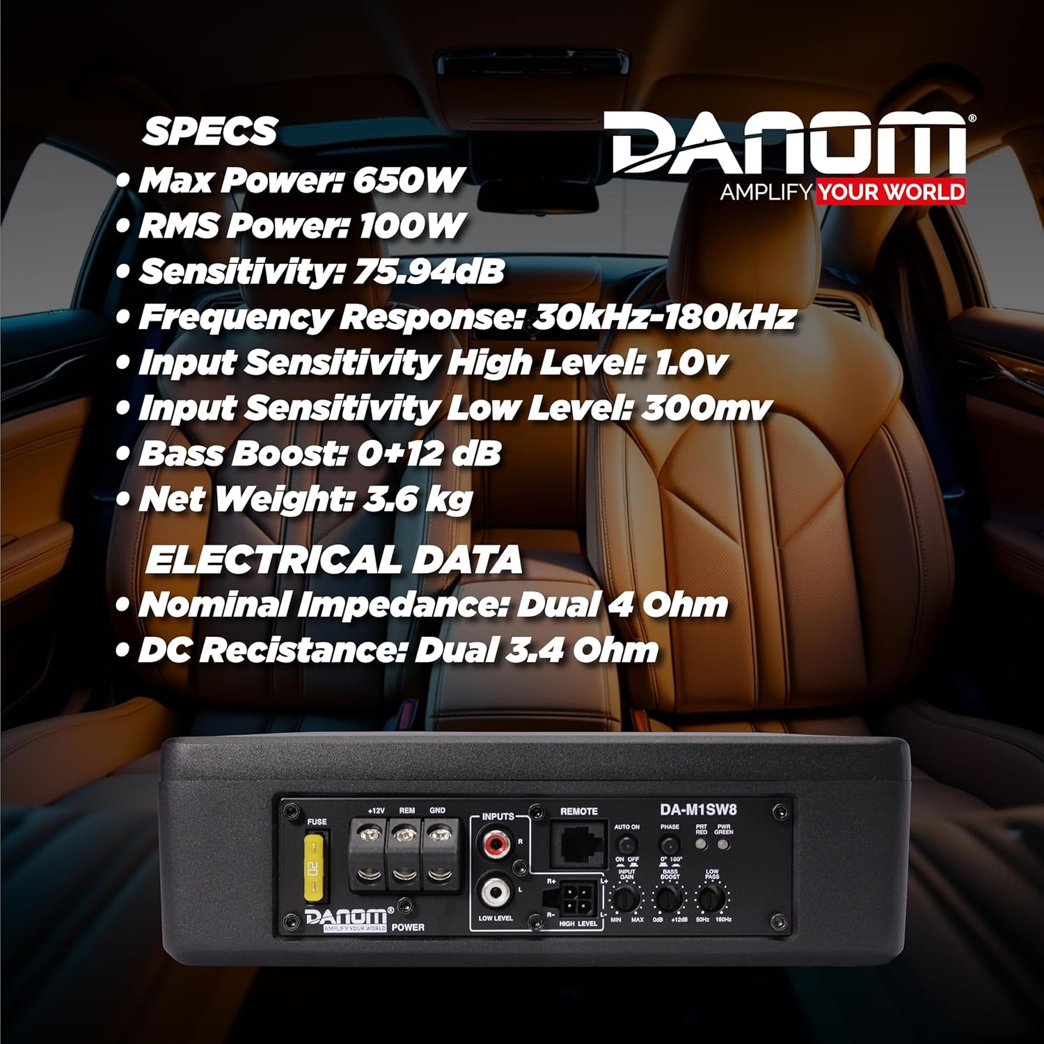 DANOM Slim Active Subwoofer 8" 100 W - Under-Seat Powered Subwoofer Compact Car Audio Subwoofers for Car/Truck 8 Inch Kit