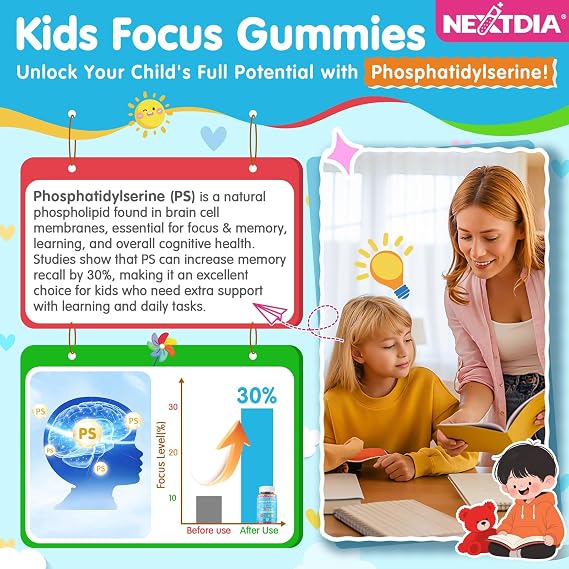Phosphatidylserine Supplement 100mg, Kids Focus Gummies + Vitamin C & D3