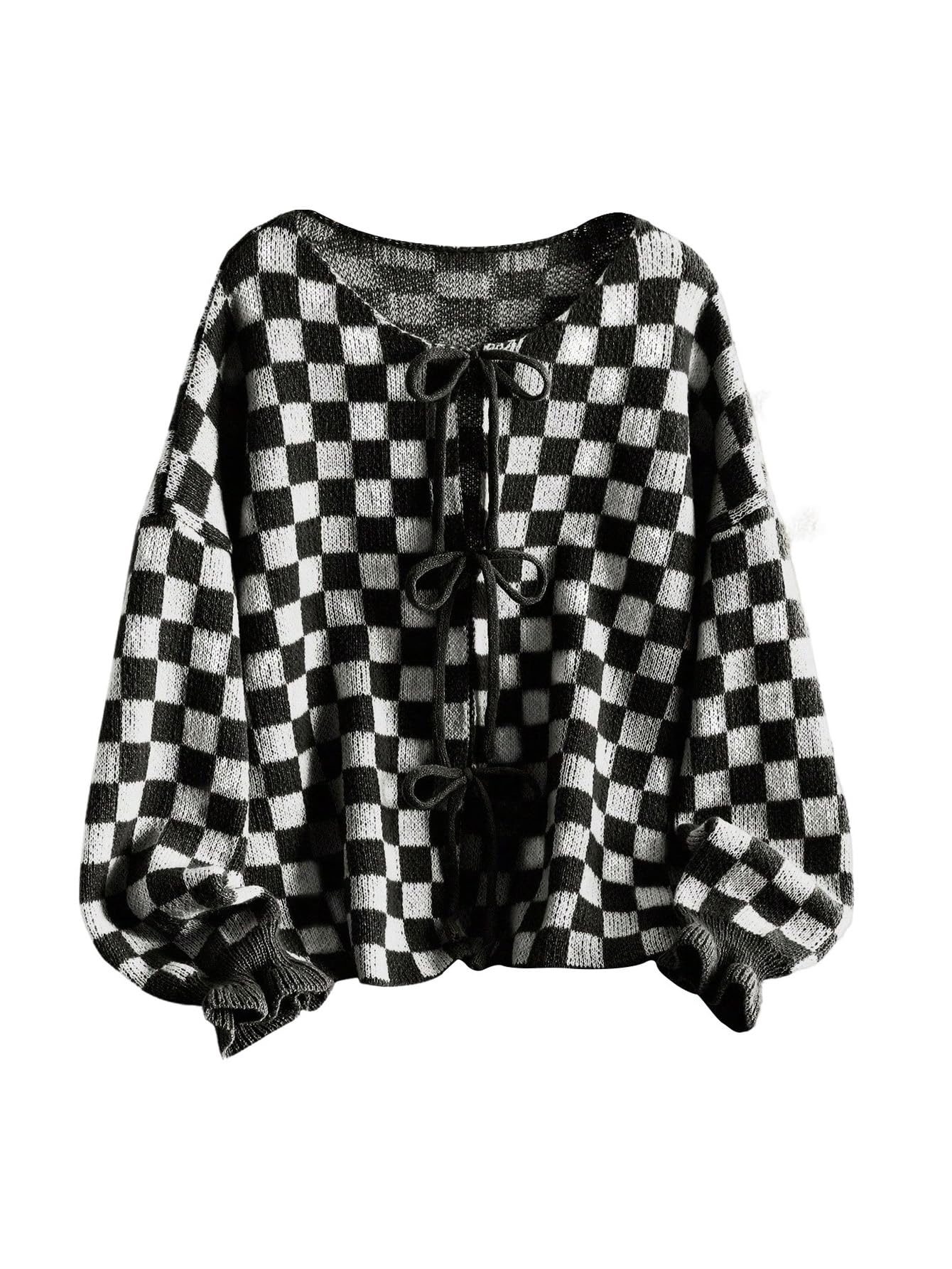 Verdusa Womens Plus Size Checkered Plaid Cardigan Cozy Sweaters Bow Tie Knit Outerwear Fall Clothes