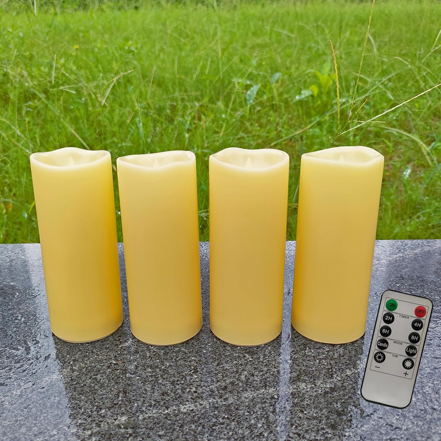 4 Pack Outdoor Flameless Pillar Candles with Remote and Timer Battery Operated Waterproof Electric LED Candle Set for Home Décor Halloween Party Wedding Supplies Garden Christmas Decoration 2”x6”