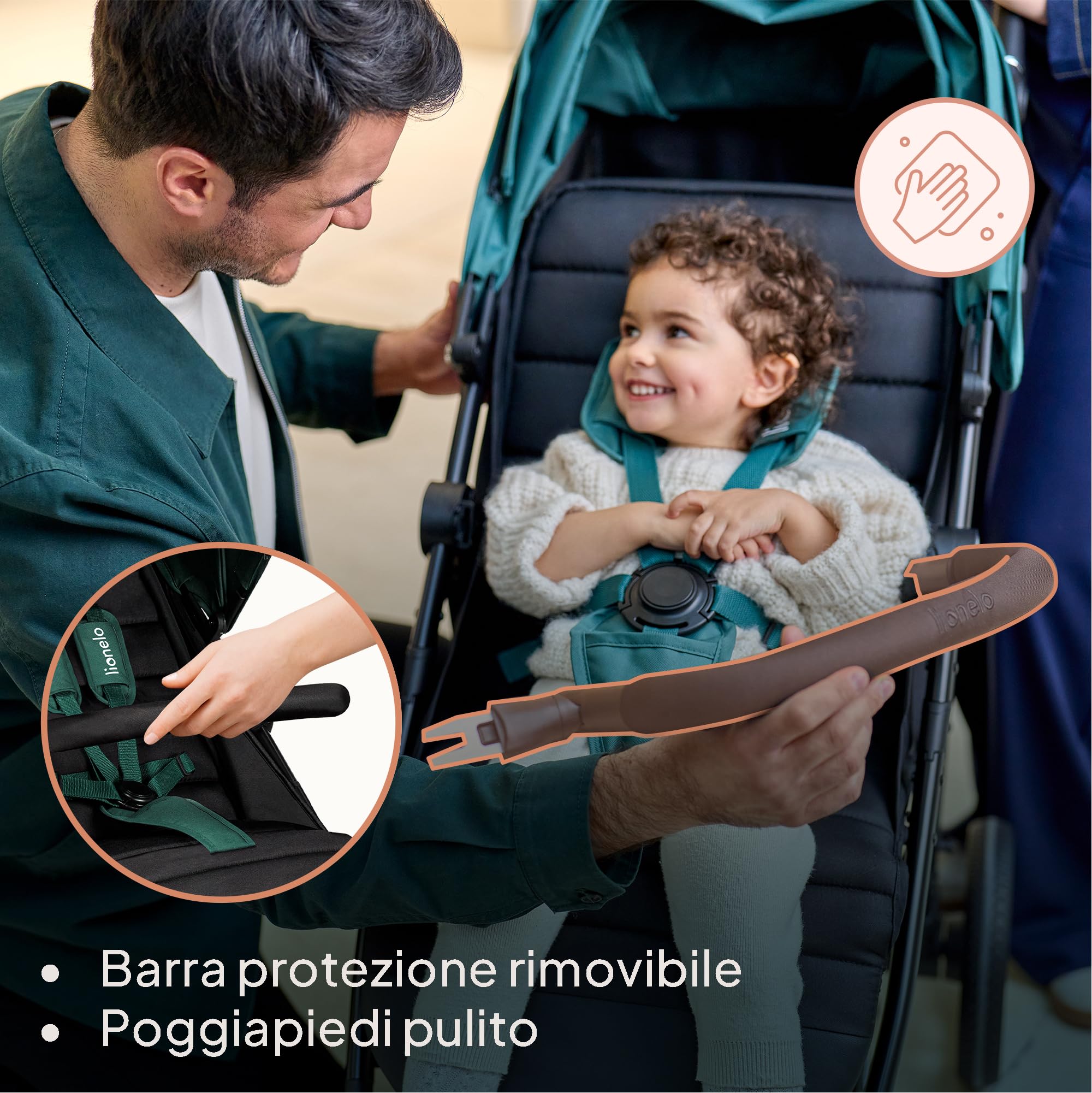 LIONELO Passeggino compatto e laggero MIRA per bambini da 6 mesi a 4 anni/ 22 kg, Ruote girevoli a 360° Sospensione completa, Schienale e Poggiapiedi regolabili, Capottina XXL UPF50+, Ampio cestino