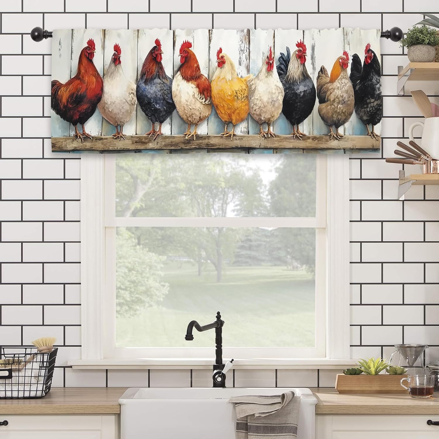 Vintage Rooster Farmhouse Kitchen Curtain Valance 54W x 18L Inch Retro Chicken Rustic Farm Rural Country Rod Pocket Short Cafe Small Window Treatment Drapes Decor