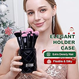 Bueart Design 18Pcs Pro Deluxe Fuchsia Pink Black Makeup Brushes set with Travel Make up Brush Holder case Foundation concealer contour Blush eyeshadow face make up brush set