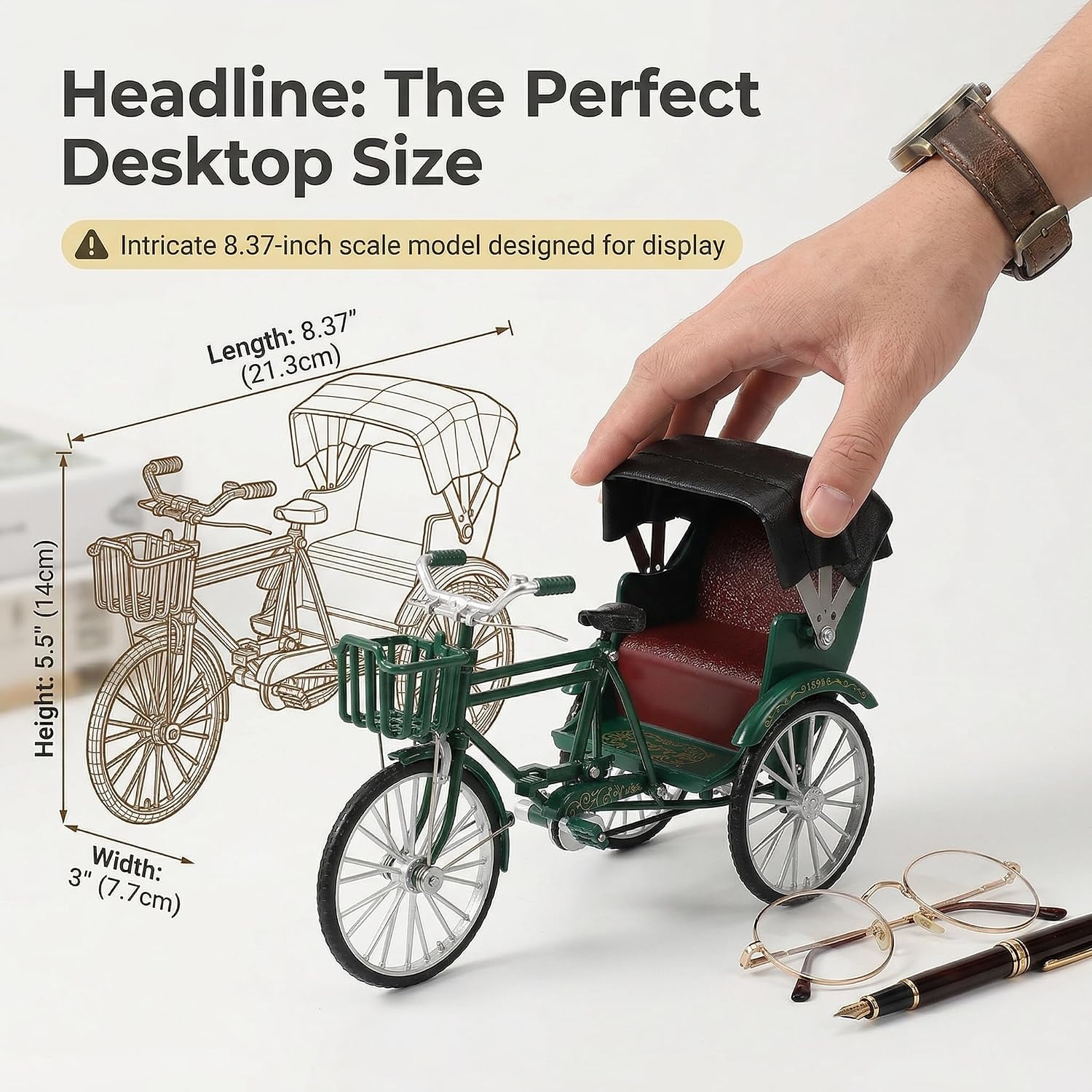 Veemoon Vintage Rickshaw Model, 1:10 Scale Alloy Collectible Tricycle Figurine Small Metal Jinrikisha Desktop Ornament for Home Office Bookshelf - Green Retro Decor Miniature Trike Gift Crafts