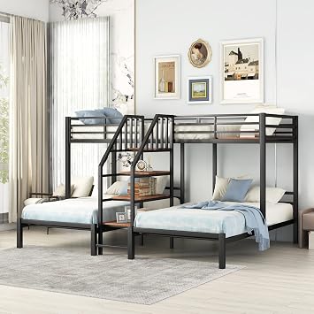 Metal Twin Over Twin & Twin Bunk Bed, Twin Triple Bunk Bed with Storage, Shelves and Staircase, No Box Spring Needed, Black