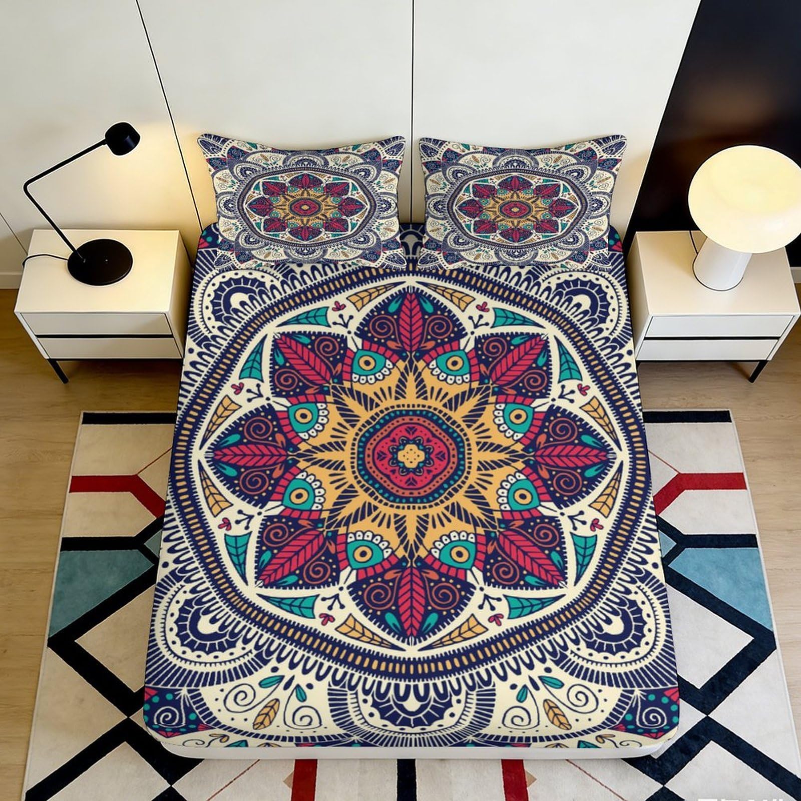 3D Printed Mandala Boho Fitted Sheet Microfiber Soft Anti-Slip Ethnic Floral Bed Cover for Bedroom Guest Room Decor 90x200x25cm
